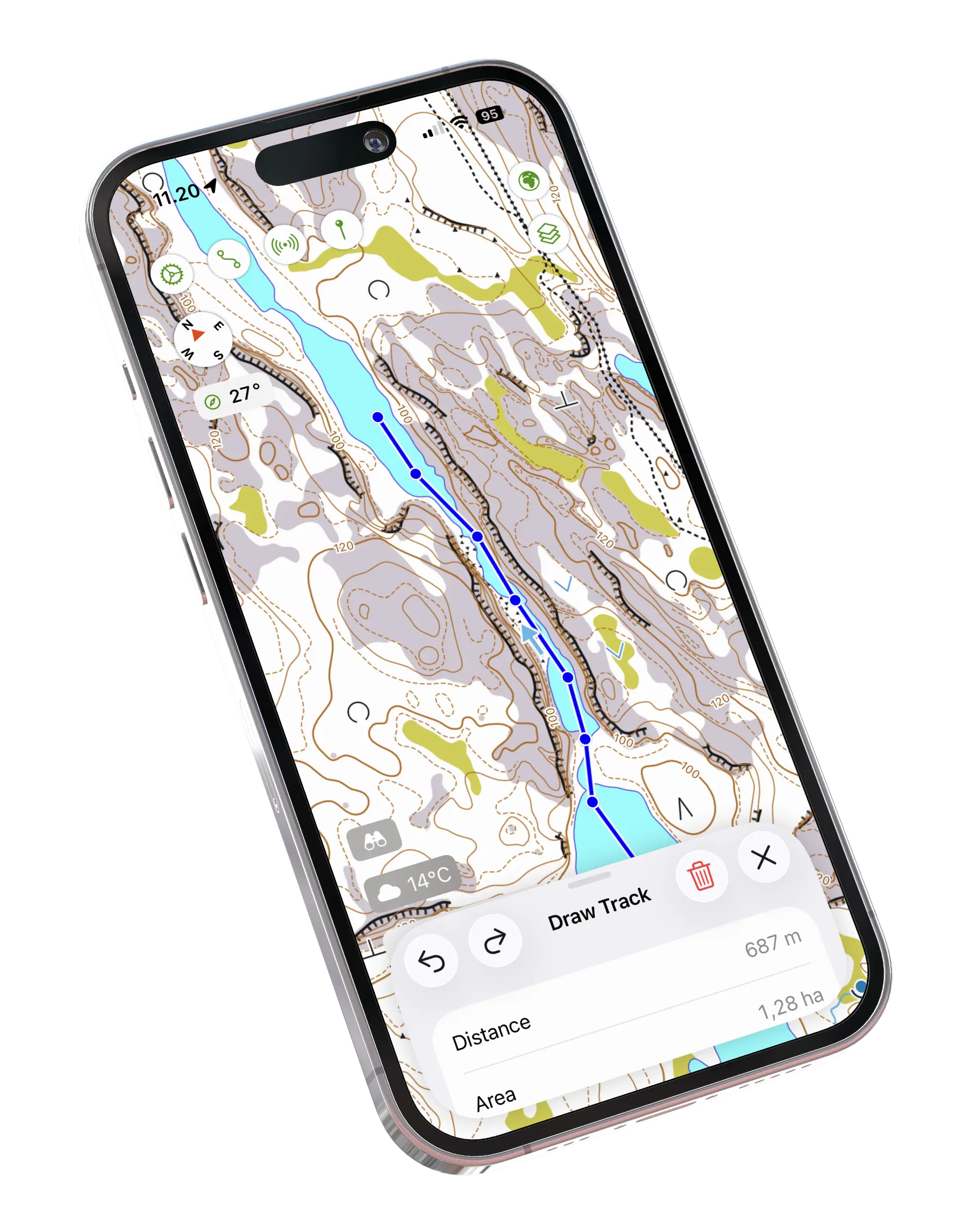 Drawing a hiking route on a topographic map in Maptrails