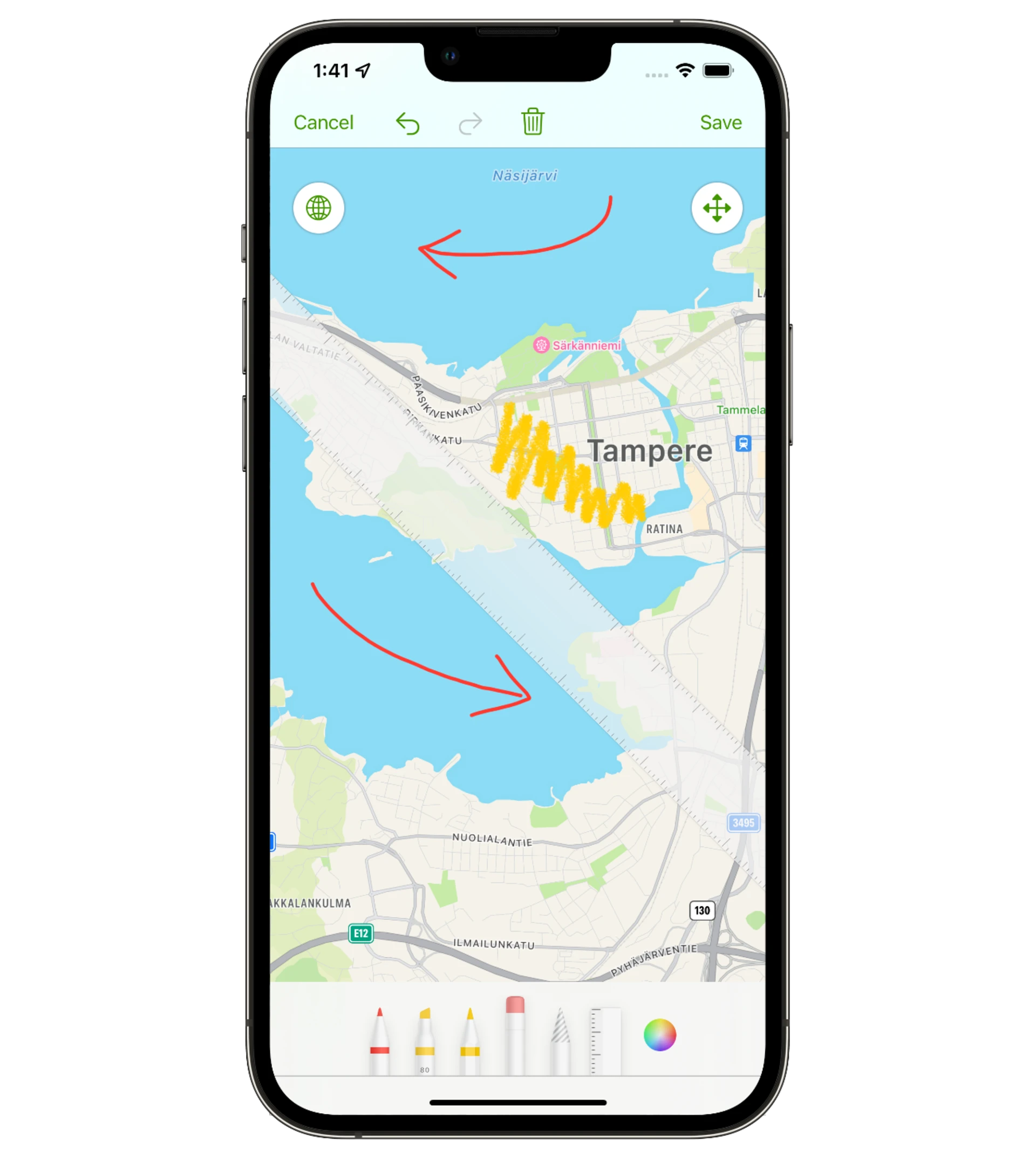 Annotating a topographic map with Apple Pencil in Maptrails